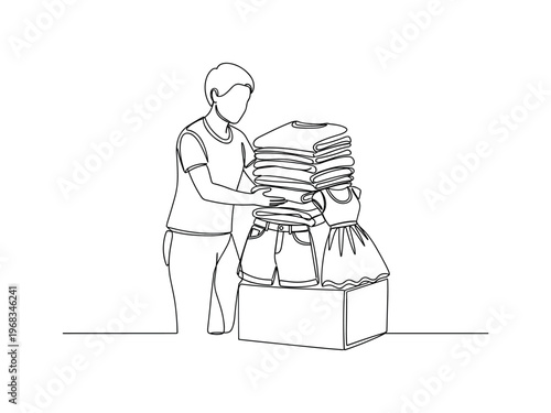 Summer Clothes Storage. Minimalistic one-line drawing person stacking folded t-shirts, shorts, and dresses into storage box, continuous single black line on