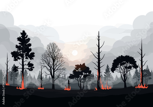 Forest fire with silhouette trees, smoke, and flames at sunset