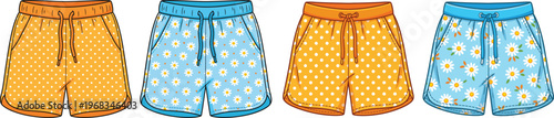 Collection of summer swim shorts with polka dots and daisy flower patterns, cad drawing flat vector illustration