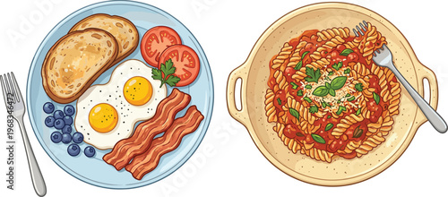 Delicious breakfast plate with fried eggs and bacon plus tomato fusilli pasta, cad drawing flat vector illustration
