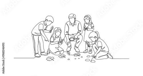 Outdoor Nature Lesson. Minimalistic one-line drawing children examining leaves and soil with teacher guidance, continuous single black line on white