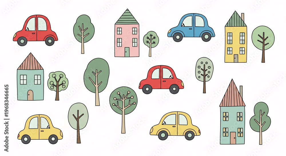 Naklejka premium Colorful illustration of houses and cars.