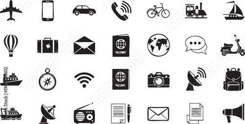 Black and white collection of travel transportation and everyday airplane