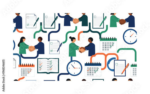 keeping promises motifs seamless pattern, repeating pattern, surface design, textile print, modern illustration of people signing contracts, handshakes,