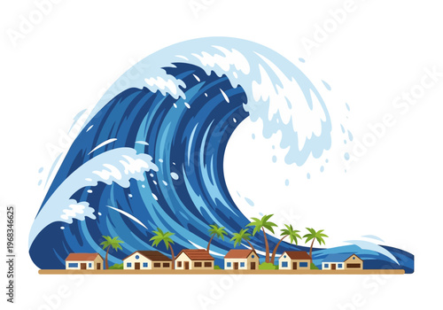 Massive ocean wave crashing over a tropical village with palm trees and houses