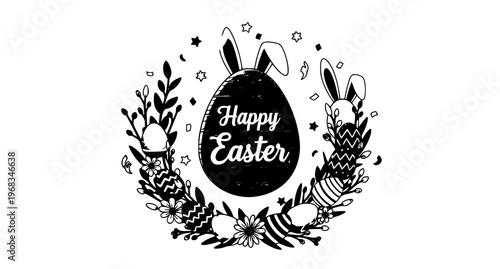 A black and white Easter egg illustration with bunny ears and floral wreath