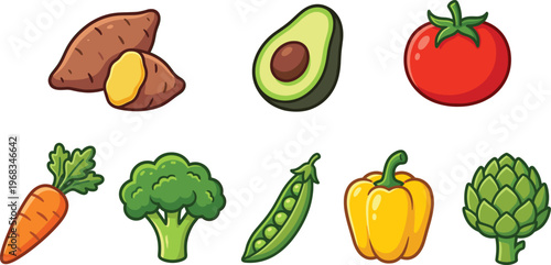 Fresh organic vegetable collection including broccoli avocado tomato carrot and pepper, cad drawing flat vector illustration
