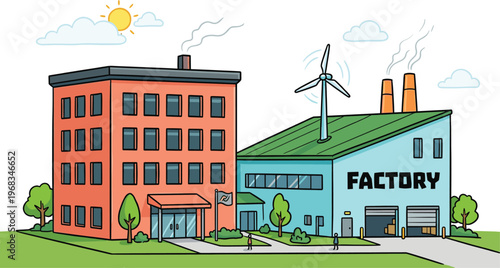 Industrial factory building with office complex and wind turbine for green energy, cad drawing flat vector illustration