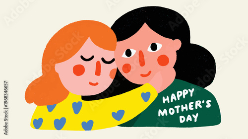 Cute naive style mother and child hugging in playful flat illustration, heartwarming Mother’s Day vector background for greeting cards and social media