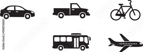 Black and white flat of a car truck bus bicycle and airplane flat car