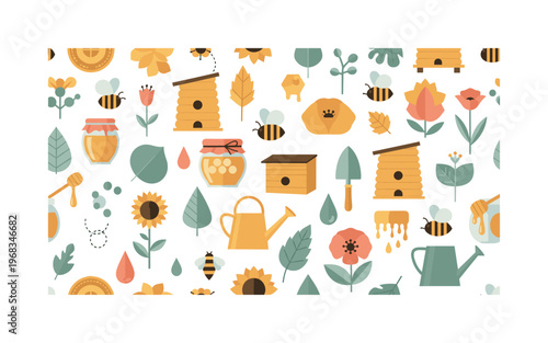 eco pollinator icons seamless pattern, repeating pattern, surface design, textile print, modern illustration of bees, beehives, flowers, nectar, leaves, honey