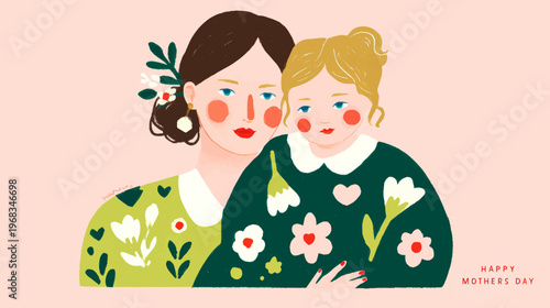 Cute naive style mother and child hugging in playful flat illustration, heartwarming Mother’s Day vector background for greeting cards and social media