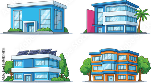Collection of modern office buildings with glass windows and solar panels, cad drawing flat vector illustration