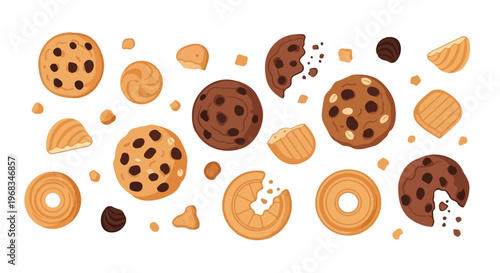 Flat lay illustration of assorted cookies and cookie pieces scattered on a white background with warm golden tones.