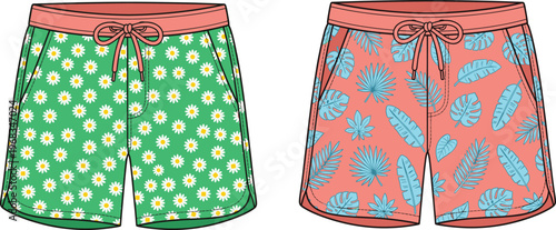 Collection of men swim shorts with daisy flowers and tropical leaf patterns, cad drawing flat vector illustration