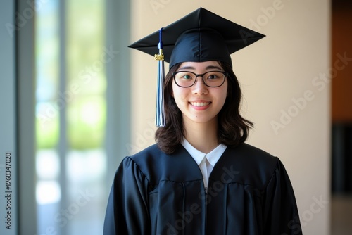 Online graduate receives academic honors and poses with smile in minimalist setting