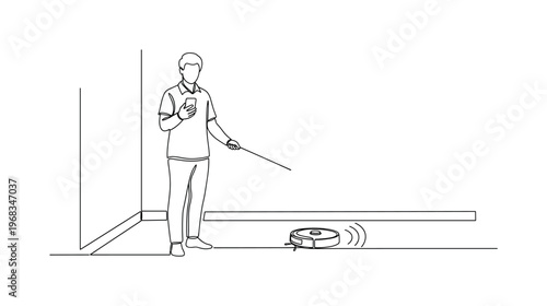 Smart Home Cleaning. Minimalistic one-line drawing person using app to direct robot vacuum around room, continuous single black line on white background,