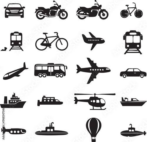 Black silhouette of various vehicles and transportation modes set black silhouettes bicycle