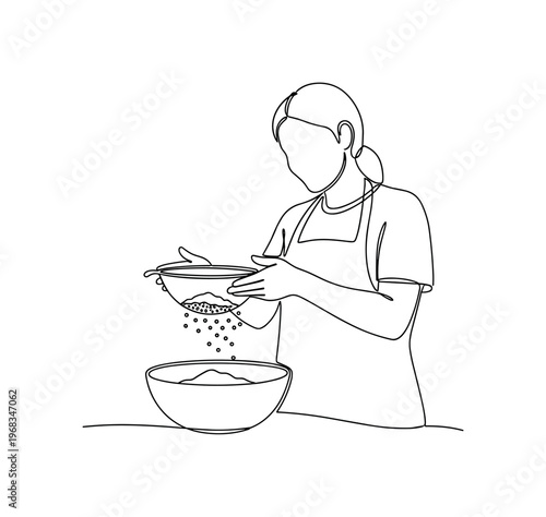 Sieve Flour. Minimalistic one-line drawing person sifting flour into bowl with gentle motion, continuous single black line on white background, simple outline