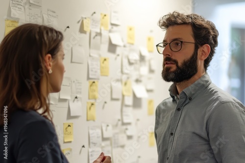 Project manager discusses team goals in front of task wall with pinned notes in office