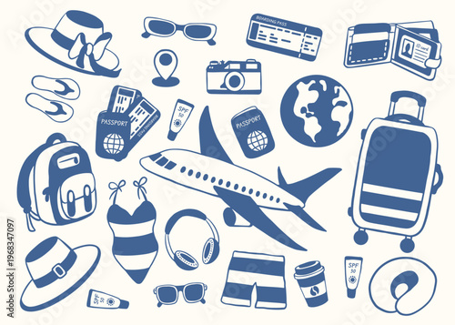 Travel icon set with airplane, passport, suitcase and summer accessories in flat style. Ideal for tourism design, vacation concept, sticker, poster and graphic.