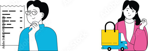 A thoughtful man stands near a list while a woman with a shopping bag waits beside a delivery truck