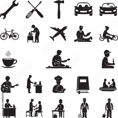 Fifty silhouette of transportation travel activities and in black