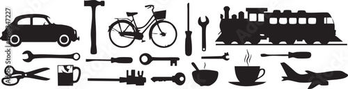 Thirteen black silhouette of vehicles tools and equipment arranged horizontally black silhouettes
