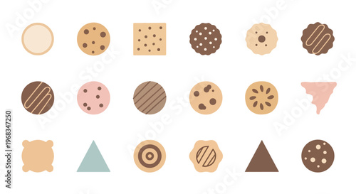 Flat lay of various sweet cookies and geometric shapes on a clean white background with pastel and earthy tones.