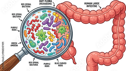 Human Gut Flora Microbiome Illustration, Magnifying Glass Showing Bacteria and Probiotics in Large Intestine Vector