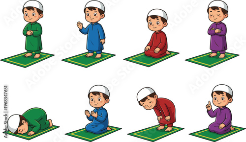 Muslim Boy Character Performing Salat Prayer Positions Set, Islamic Worship Guide Vector Illustration for Kids