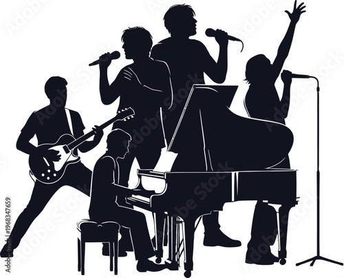Musician Silhouettes Bundle, Guitar Piano Singing Artist Poses, Creative Music Performance Vector Collection Isolated