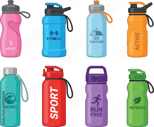 Colorful Reusable Sport Water Bottles Set, Plastic and Metal Fitness Drink Containers Vector Illustration Collection