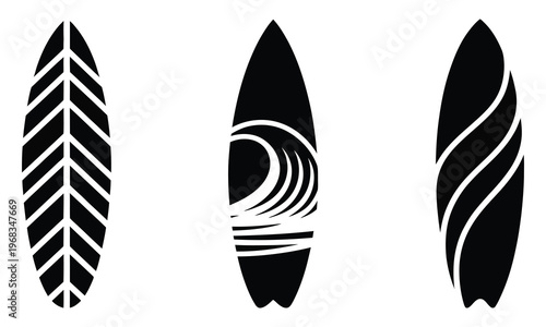 Surfboard icon set, surfing, sea, and ocean vacation symbol, hand drawn vector illustration in black and white