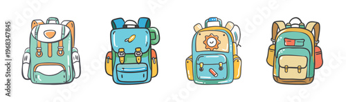 Assortment of colorful, hand-drawn backpacks with camping and travel gear
