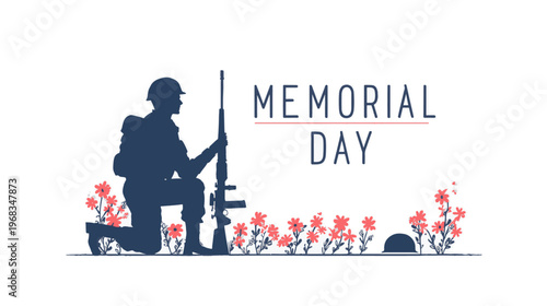 Kneeling soldier silhouette with American flag in respectful Memorial Day tribute, patriotic vector background honoring fallen military heroes