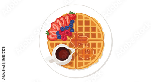 Flat lay of a waffle with strawberries, blueberries, and a cup of coffee on a white plate against a clean white background.
