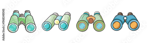 Collection of four colorful cartoon binoculars for outdoor exploration and observation