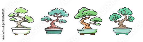Bonsai trees in decorative pots, miniature trees, Japanese art form