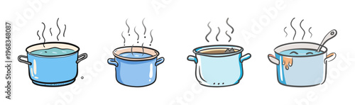 Four cartoon pots of boiling water with steam rising, for cooking and recipes.