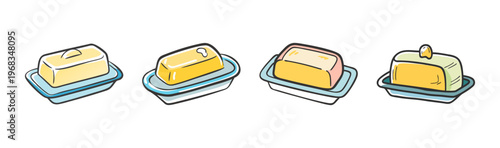 Set of four cartoon butter dish icons with butter for breakfast and meals