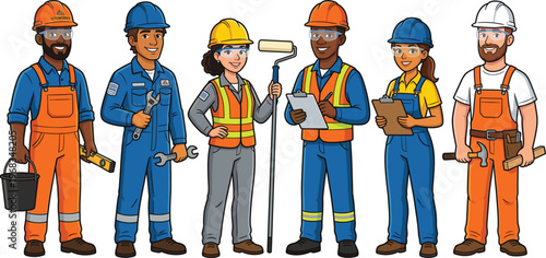 Diverse Construction Workers Team Vector Illustration, Industrial Laborers with Safety Gear and Tools Set Isolated on White