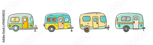 Collection of four vintage-style cartoon camping trailers, retro travel vehicles