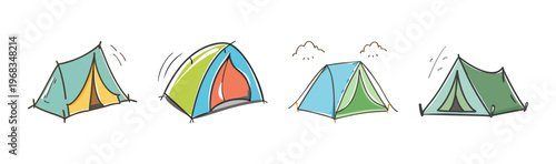 Set of four colorful cartoon camping tents with mountains in the background.