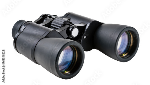 Photos Sleek black binoculars with silver accents and refractive lens elements, isolate