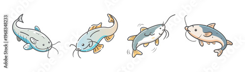 Four cute cartoon catfish swimming in clear water, freshwater fish illustration
