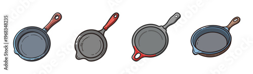 Collection of four cartoon cast iron skillets with red and grey handles.