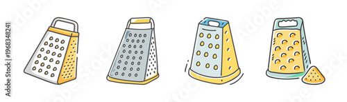 Four hand-drawn cheese graters in various styles, one with grated cheese.