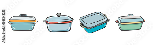 Four cartoon casserole dishes and baking pans with lids for cooking.