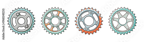Collection of four bicycle chainrings, showcasing different designs and sizes for gears.